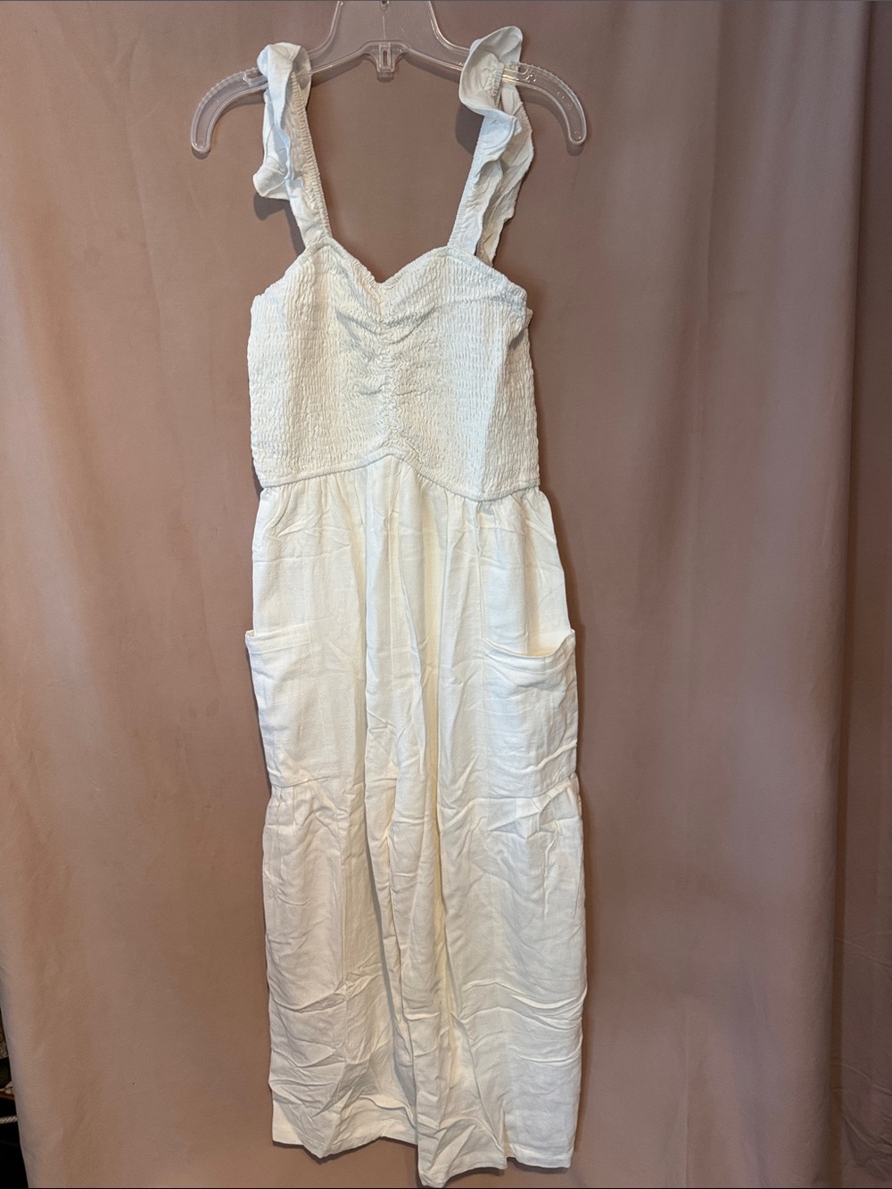 White Smocked Bodice Wide-Leg Jumpsuit with Ruffle Straps